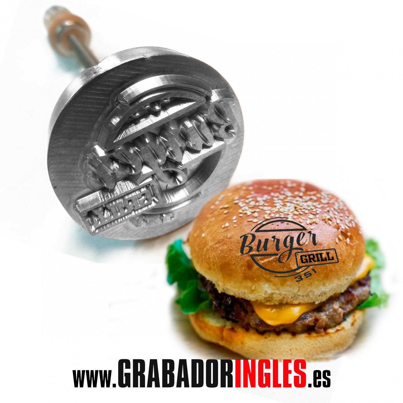 Sello para marcar hamburguesas al calor con sello personalizado con logotipo  o texto. Tienda online www.grabadoringles.es